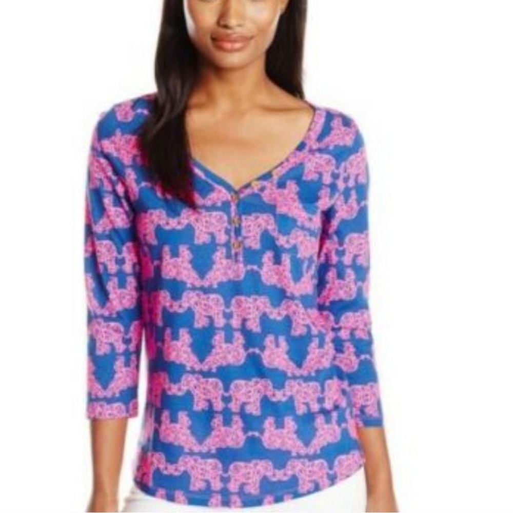 Lilly Pulitzer Elephant 'Pack Your Trunk' Palmetto V Neck Top in Indigo & Pink